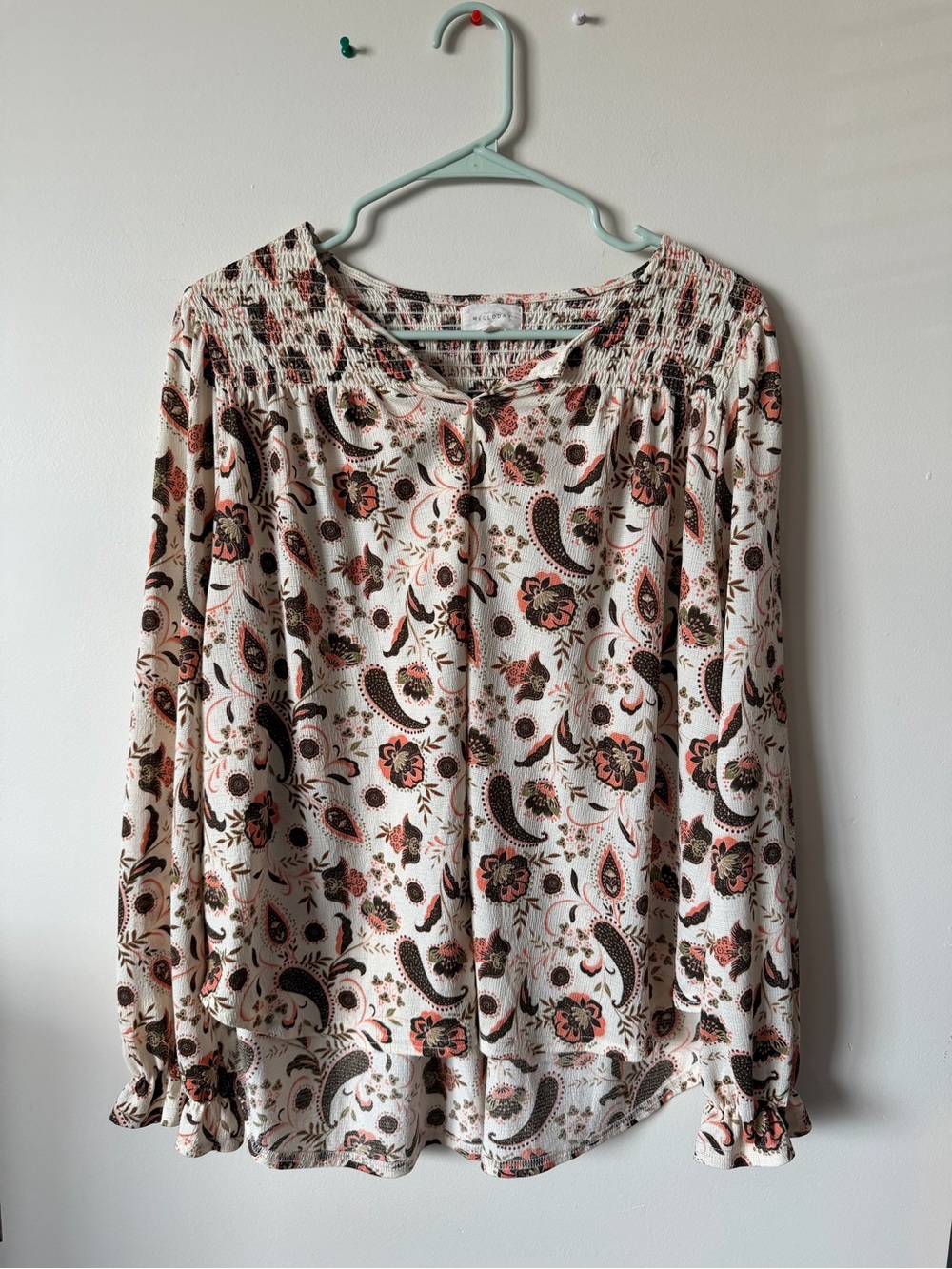 MELLODAY Cream Paisley Floral Smocked-Neck Long Sleeve Blouse